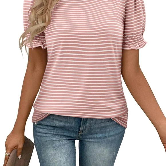 Elegant Pink Striped Ruffle Short Sleeve Top size XL - Picture 1 of 5